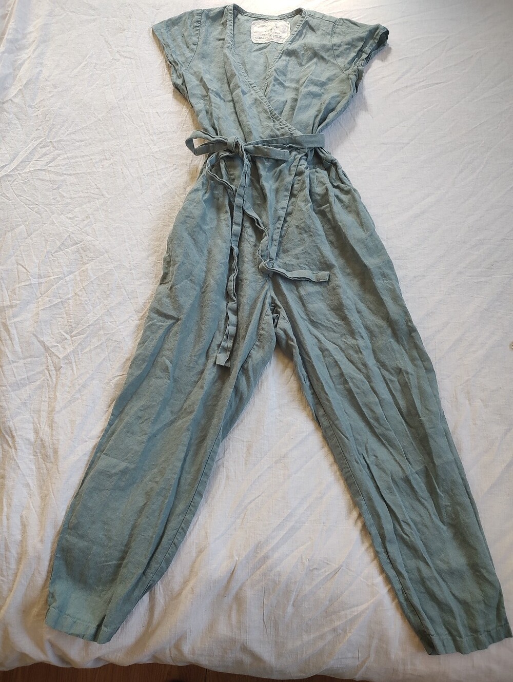 Notperfectlinen Light Blue Linen 100% Women's Jumpsuit with Tie Waist Wrap NPL